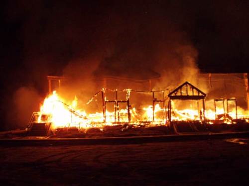 The Macedonia Church of God in Christ in Springfield, Mass., burns on Nov. 5, 2008. Some firefighters were injured battling the blaze.